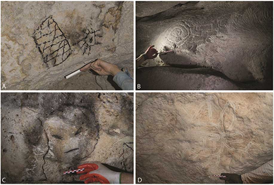 Diseños aditivos y extractivos halladas en las zonas oscuras de tres cuevas de la isla de Mona. A) motivos dibujados al carbón; B) acanaladuras realizadas con un dedo y zona de extracción sistemática (derecha); C) rostro dibujado al carbón; D) cara con extremidades y apéndices dibujada trazando acanaladuras con un dedo. (Journal of Archaeological Science / CC BY 4.0)