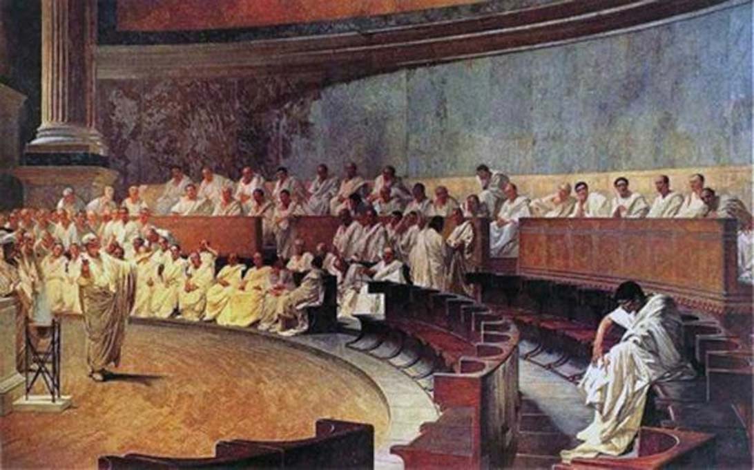  ‘Cicerón denunciando a Catilina,’ óleo de Cesare Maccari (1889). (Dominio público) Representación de una sesión del Senado romano.