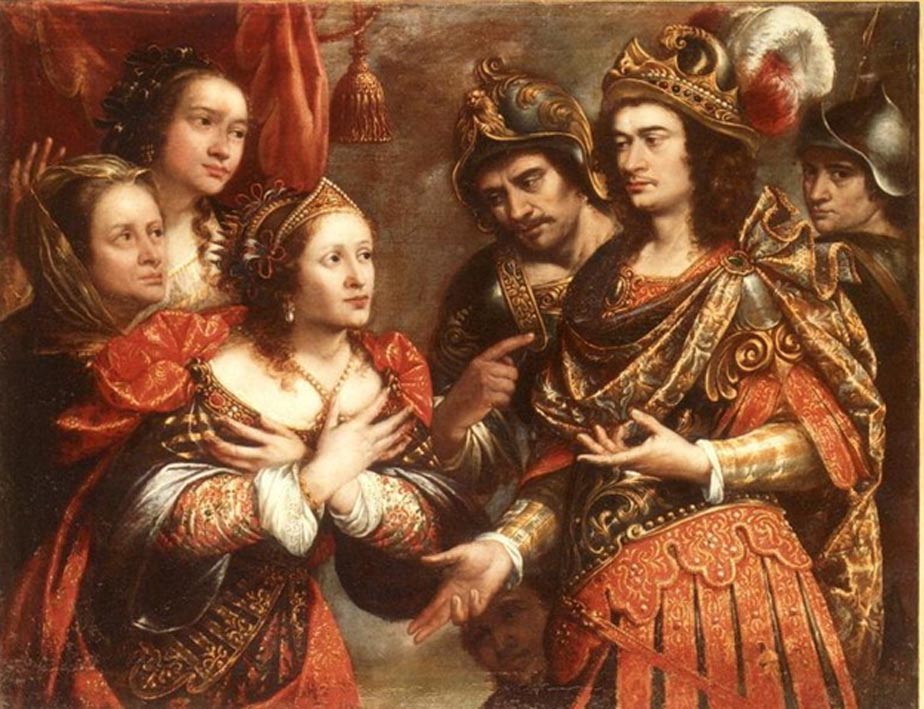 Cuadro titulado “La familia de Darío III frente a Alejandro Magno”, obra de Justus Sustermans. (Public Domain) Hefestión aparece señalando a Alejandro con el dedo índice de su mano derecha. 