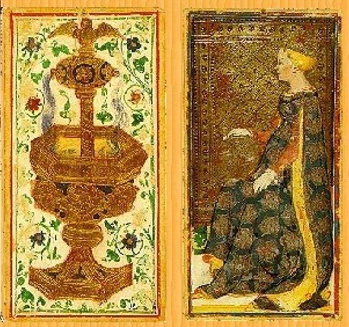 Reproducción de dos cartas de la Baraja Pierpont-Morgan Bérgamo del Tarot Visconti-Sforza, c. 1420. (Public Domain)