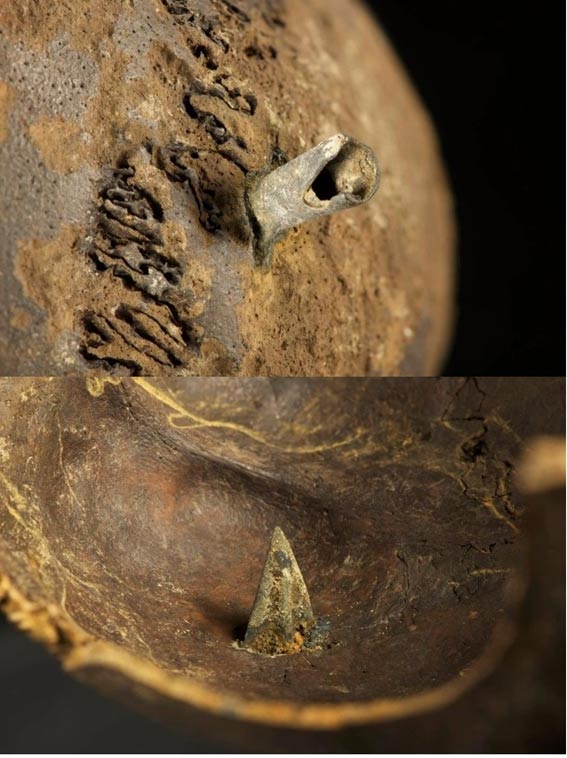 Cráneo hallado en el campo de batalla con una punta de flecha de bronce profundamente incrustada donde se encontraría el cerebro. (Old European Culture)