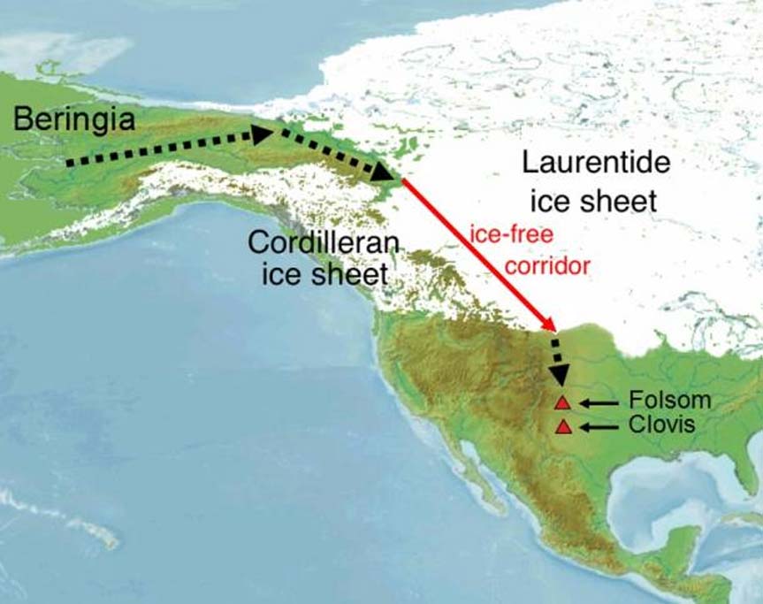 El puente de Beringia (Bering) es el camino aceptado habitualmente para las primeras migraciones humanas llegadas al continente americano. (CC BY SA 3.0)