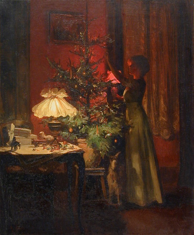 Joven dama decorando su árbol de Navidad en el cuadro “Navidad” (1898), obra de Marcel Rieder (1862-1942). (Public Domain)