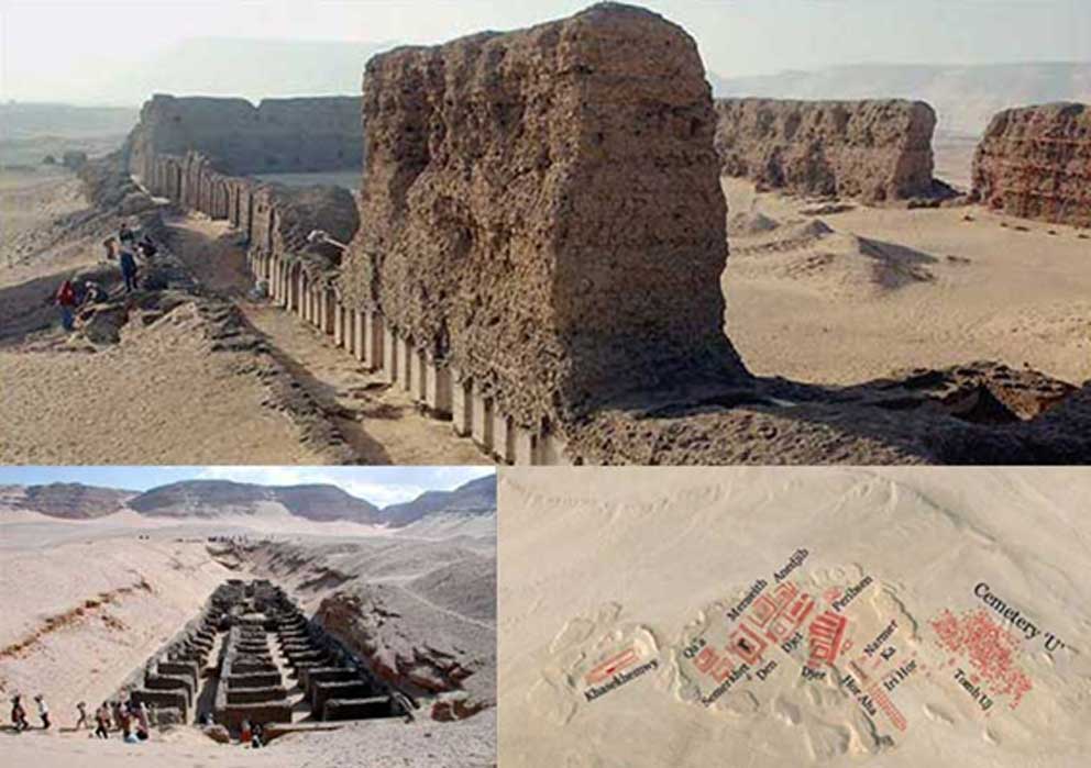 Arriba: Edificios funerarios de Hieracómpolis. Abajo: Lugar de enterramiento (izquierda) y mapa del cementerio (derecha). Cortesía de Google Earth y “Odyssey, Adventures in Archaeology”