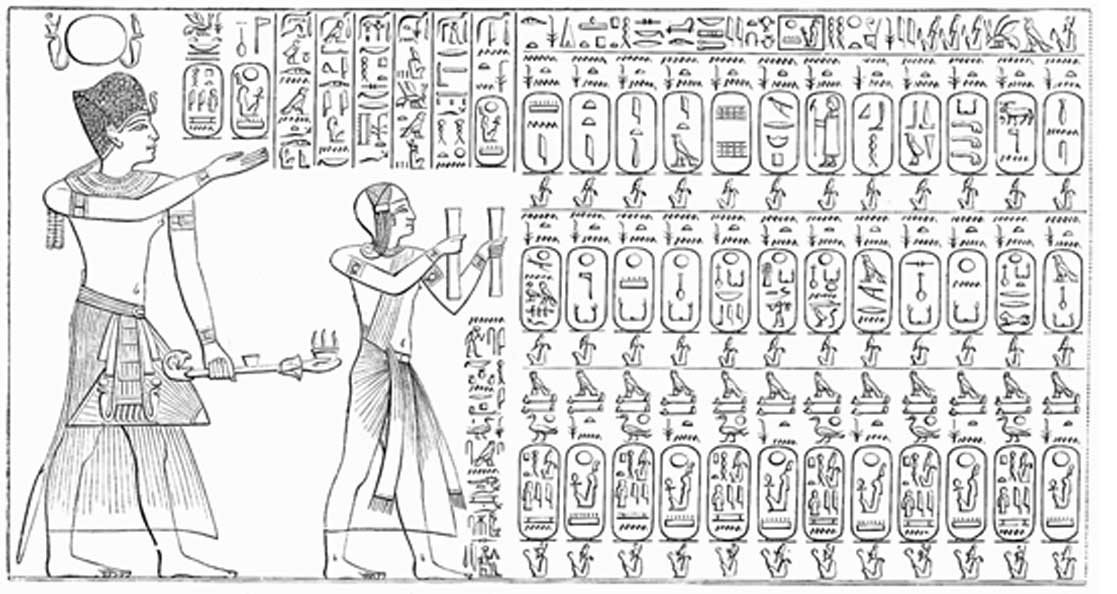 La Lista Real de Abidos es una lista con los nombres de setenta y seis reyes del antiguo Egipto, hallada sobre uno de los muros del templo de Seti I en Abidos, Egipto. Esta lista omite los nombres de muchos de los faraones más antiguos, como por ejemplo Khasekhemui. (Dominio público)