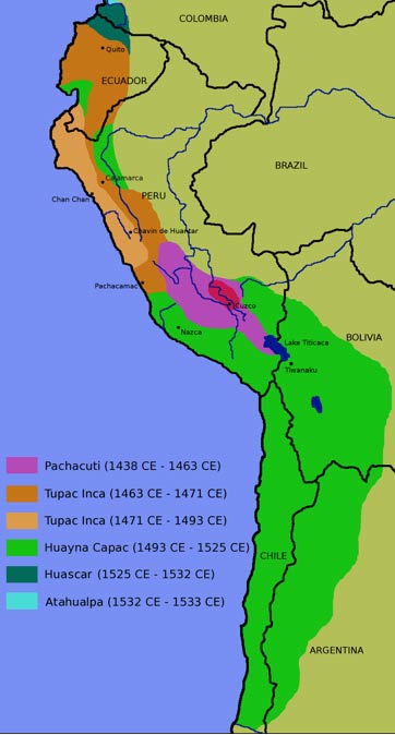 Mapa del Imperio Inca: nótese la gran franja de color verde al sur, región que invadieron los incas a finales del siglo XV. (Public Domain)