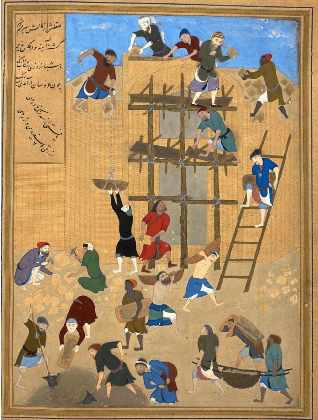 Pintura de 1494-1495 obra de un gran artista del Renacimiento TimÃºrida, Kamal-ud-din Bihzad, en la que se muestra la construcciÃ³n de la fortaleza de Kharnaq (Dominio pÃºblico)