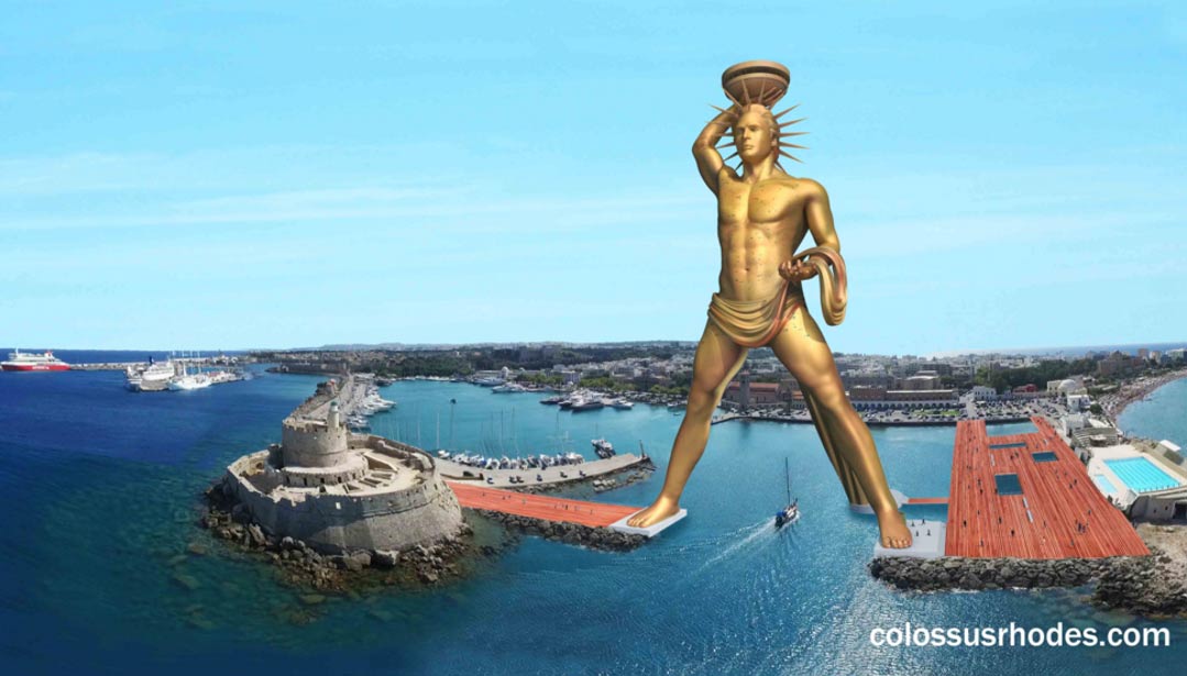 La reconstrucción proyectada del Coloso de Rodas a la entrada del puerto de  la isla griega (Colossus of Rhodes Project)