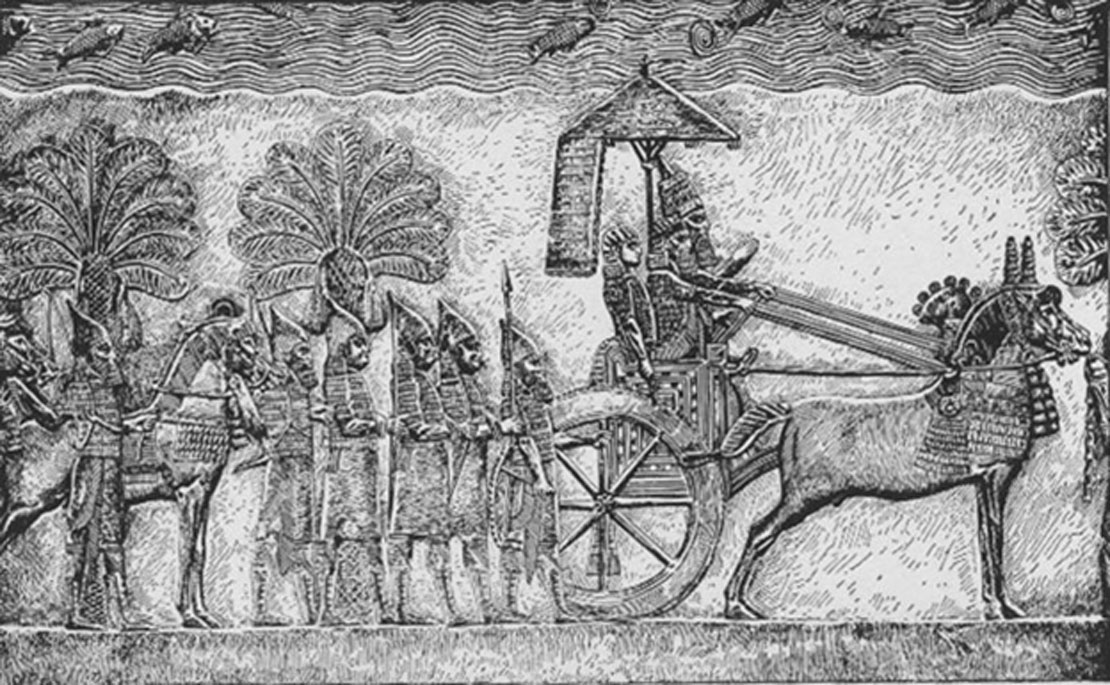 Senaquerib en su carro durante la guerra babilÃ³nica, relieve de su palacio en NÃ­nive. (Dominio pÃºblico)