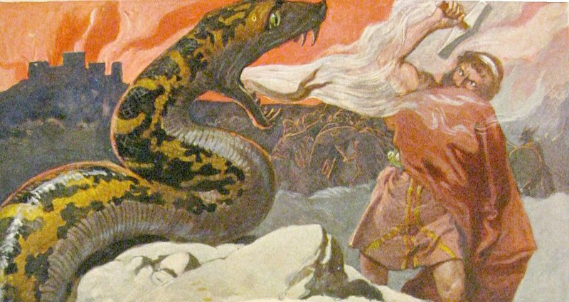 Escena de Ragnarök, la batalla final entre Thor y Jörmungandr. Ilustración de Emil Doepler para el libro: “Walhall, die Götterwelt der Germanen” Martin Oldenbourg, Berlín, pág. 56, publicado en el año 1905. (Public Domain)