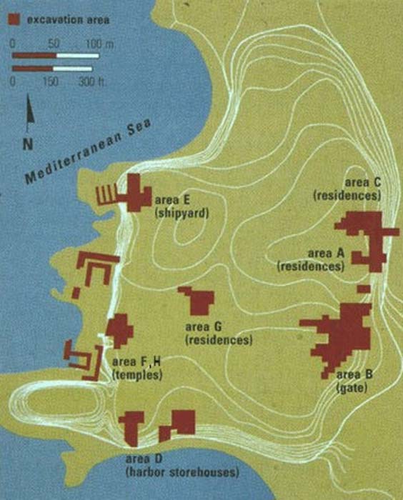 Algunas excavaciones anteriores en tierra y cerca de la costa en Tel Dor. (Universidad de Washington)