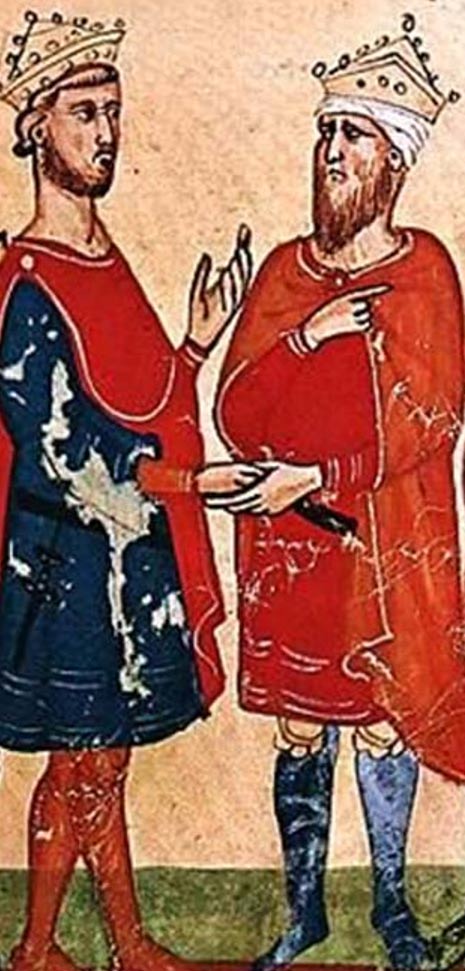 Federico II, Emperador del Sacro Imperio Romano (izquierda) se encuentra con al-Kamil Muhammad al-Malik (derecha), de un manuscrito de la Nuova Crónica, entre circa 1341 y circa 1348. (Dominio público)