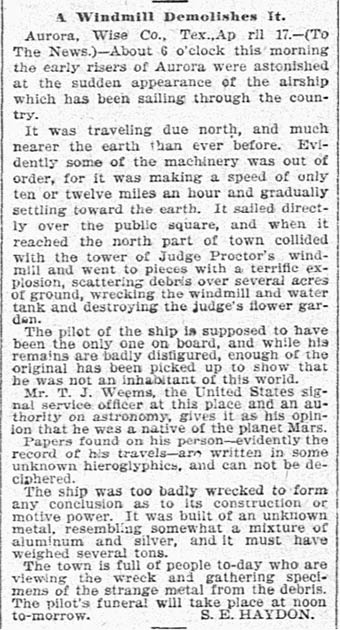 S. E. Haydon, "Un molino de viento lo demolió", The Dallas Morning News, 19 de abril de 1897, pág. 5. (Dominio público)