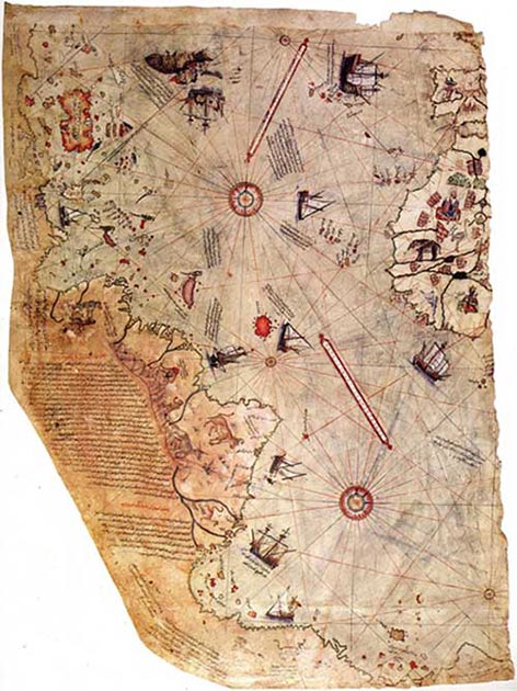 Mapa del mundo por el almirante otomano Piri Reis, dibujado en 1513 pero supuestamente basado en mapas mucho más antiguos. (Dominio publico)