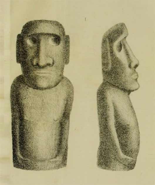 Dibujo del moai de la expedición de la corbeta chilena O'Higgins por Rodulfo Philippi alrededor de 1873. (Museo Nacional de Historia Natural, Chile)