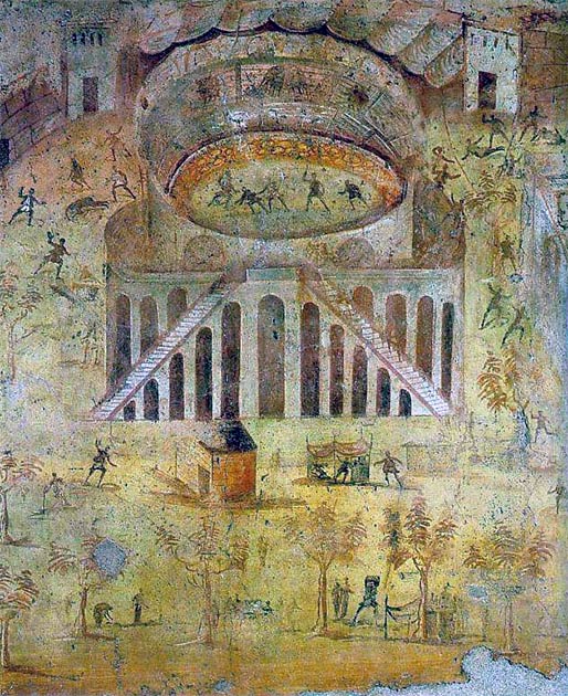 "El anfiteatro de Pompeya, un fresco que representa el motín entre los nucerianos y los pompeyanos", Casa della Rissa nell'Anfiteatro, Pompeya. (Dominio público)