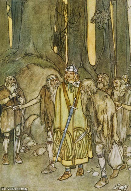 Fionn mac Cumhaill se encuentra con los antiguos criados de su padre en los bosques de Connacht; Ilustración de Stephen Reid. (Dominio público)