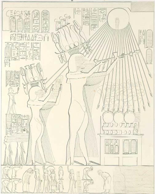 Imagen de Akhenaton y Nefertiti haciendo una ofrenda a Atón, tomada de la tumba de Panehsy en Amarna. Akhenaton y Nefertiti usan coronas de plumas nuevas y elaboradas con discos solares, cobras protectoras y cuernos de carnero. Estas coronas de hemhem, o "Coronas de gritos", se asociaron con el alegre sol naciente y el renacimiento, y sus cuernos de carnero recuerdan a los cuernos del shofar judíos modernos. (Lepsius / Dominio público)