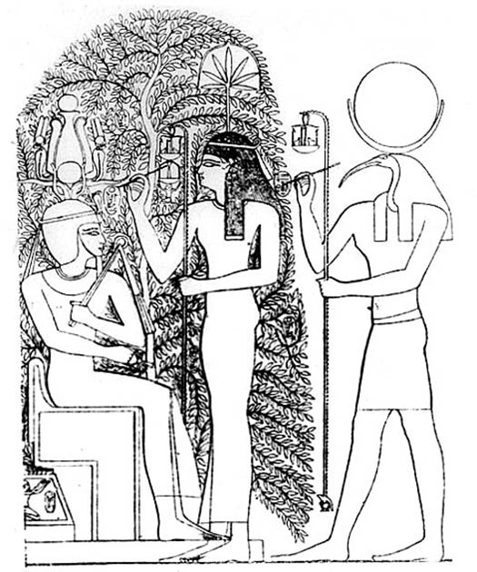 El nombre del nuevo faraón está escrito en las hojas del árbol sagrado Ished de Heliópolis por los dioses Seshat y Thoth durante la coronación del Ramasseum, templo mortuorio de Ramsés II. (Dominio público)