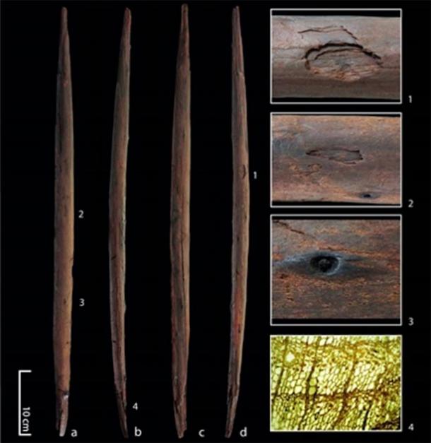 El "palo asesino" del sitio de Schöningen en Alemania con cuatro vistas del artefacto y detalles que muestran marcas de impacto. (Eberhard Karls Universität Tübingen)