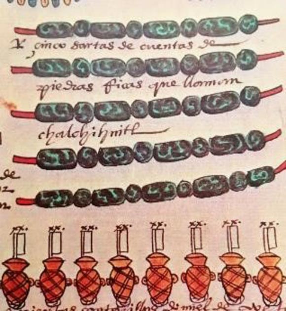 Lámina 17 de la Matrícula de Tributos correspondiente a la lámina 37 r. del Códice Mendoza. Se muestran gargantillas de jade y tarros de miel / (foto proporcionada por el autor)