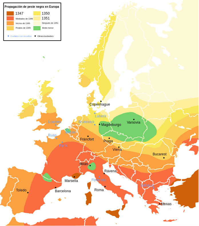 Incidencia de la epidemia de Peste Negra de mediados del siglo XIV en Europa (Wikimedia Commons)