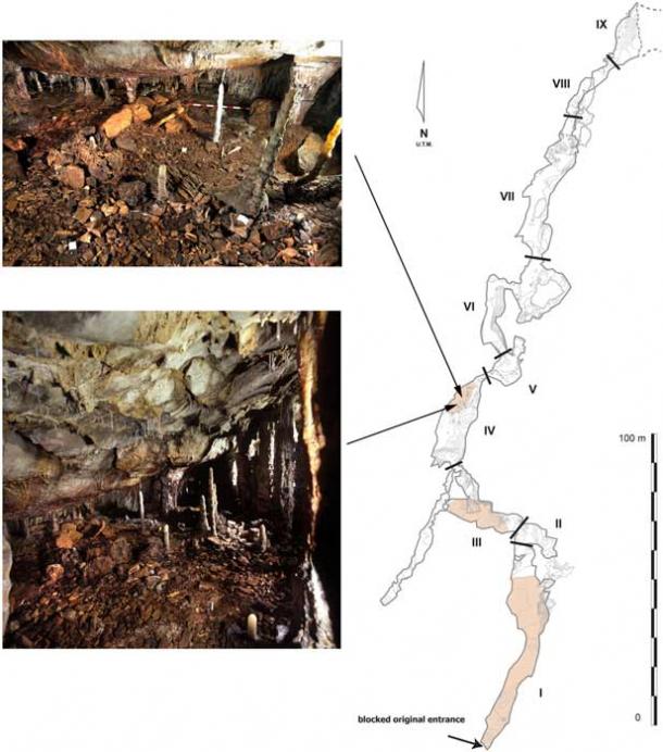 El plano anterior muestra la galería inferior del conjunto de cuevas de La Garma (derecha) y el interior de la cueva (izquierda). (Cueto, M. et. Al / PLOS ONE)