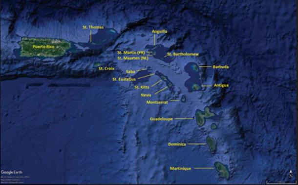 La isla caribeña de Saba, donde se descubrieron las tumbas cist. (© Google Earth / / Antiquity Publications Ltd)