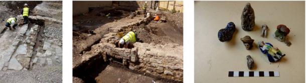 Arqueólogos trabajando duro y una selección de figurillas de cerámica de mediados del siglo XIX encontradas en el sitio. (Arqueología AOC)