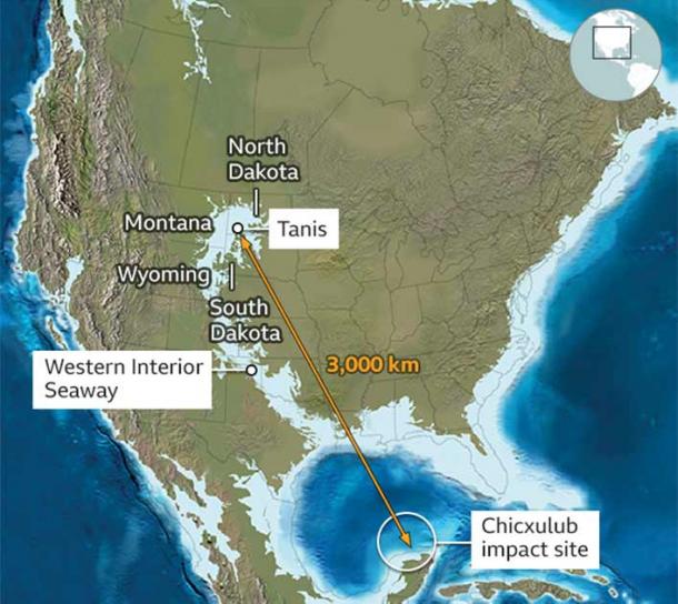 El asteroide Chicxulub Yucatán golpeó el Mar Caribe y de alguna manera cortó limpiamente la pierna del dinosaurio el mismo día a 3.000 kilómetros (1.864 millas) de distancia. (Ron Blakely / Colorado Plateau Geosystems)