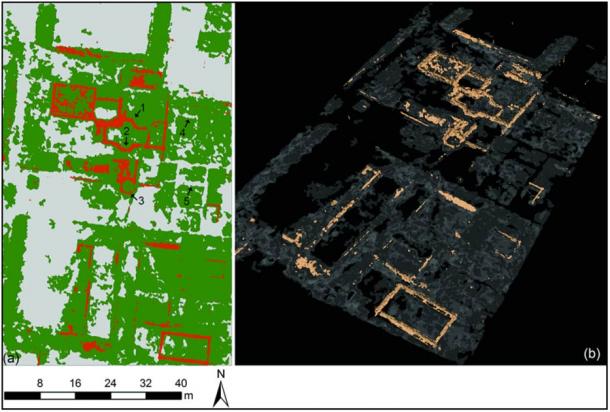 La detección de objetos asistida por computadora se ha empleado para crear representaciones 3D: a) los objetos de pared se proyectaron en un mapa 2D; b) Representaciones 3D que muestran los mismos resultados, con pisos semitransparentes. (Imagen: L. Verdonck / Antiquity Publications)