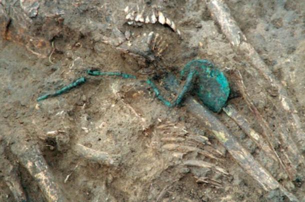 Detalle de un artefacto de cobre que muestra la riqueza neolítica en una tumba en Osłonki, Polonia. (Crédito: Peter Bogucki)