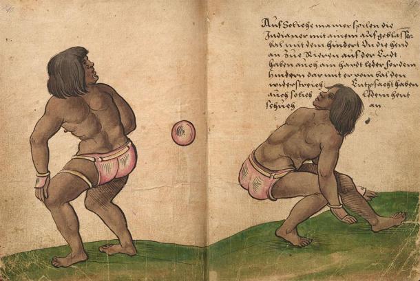 Representación de jugadores golpeando una pelota de goma con sus caderas en una versión del famoso juego de pelota de Mesoamérica. (Christoph Weiditz / Dominio público)