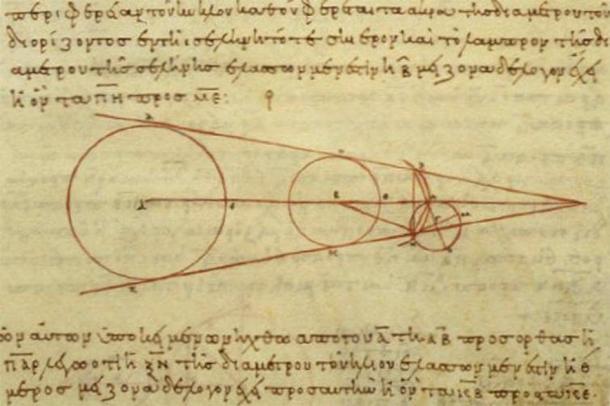 Una reproducción del siglo X de un diagrama de Aristarco que muestra parte de la geometría que utilizó en sus cálculos, demostrando los avances realizados en la astronomía griega antigua. (Dominio publico)