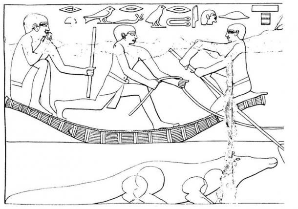 Dibujo de una escena pintada de la Tumba de Ankhmahor, Visir al Rey Teti, Antiguo Reino (~ 2330 a. C.), que muestra a un sacerdote lector sentado en un bote, sosteniendo su bastón mágico y pronunciando palabras mágicas para protección mientras vadea el río con los rebaños. Se ve un cocodrilo en el agua. (Ritner, Robert Kriech, The Mechanics of Ancient Egyptian Magical Practice, 1993)