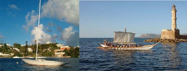 Casco de yate de fibra de vidrio hoy (Aodhdubh / CC BY SA 3.0) y reconstrucción de un barco minoico. (Zona de viaje)