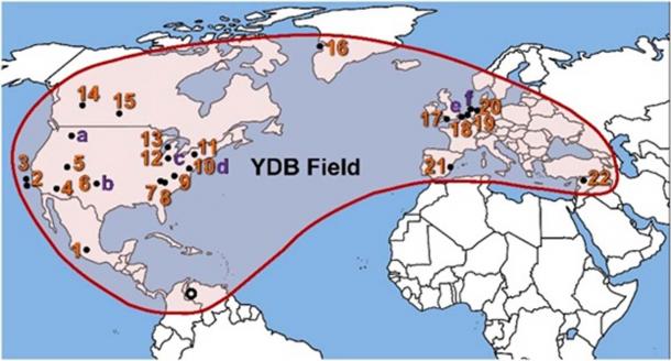 Distribución de la frontera de las Dryas más jóvenes. (Imagen cortesía del autor del Comet Research Group suministrada)