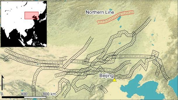 La (s) Gran (s) Muralla (s) de China, con la Línea del Norte resaltada (Imagen: Connor J. Sweetwood. Datos de © Mapbox y © OpenStreetMap / Antiquity Publications Ltd)