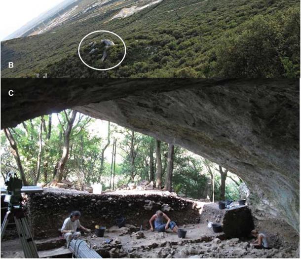 Grotte Mandarin (B) en el paisaje francés donde se encontró el diente de Homo sapiens en el refugio rocoso (C) que domina el valle del río Ródano. (Ludovico Slimak / CNRS)