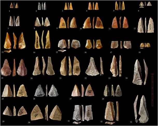 Una pequeña fracción de herramientas de piedra encontradas en el mismo refugio donde se encontró el diente de Homo sapiens de un niño. (ScienceAdvances)