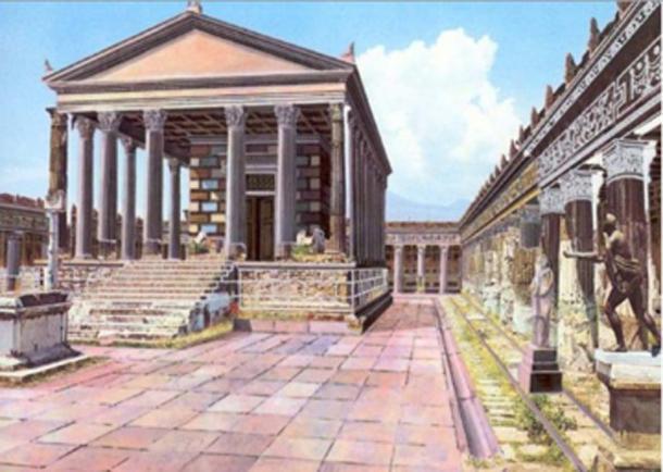 Reconstrucción ilustrada de cómo el Templo de Apolo en Pompeya pudo haberse visto antes de que el Monte Vesubio hiciera erupción. (DuendeThumb / CC BY-SA 3.0)