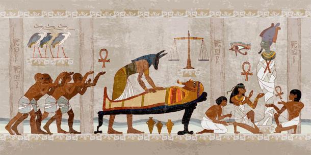 El antiguo proceso de momificación, una interpretación mitológica de Anubis y otros trabajando en una momia de faraón y cómo ciertos bálsamos oscurecían la piel egipcia de la momia. (Matrioshka / Adobe Stock)