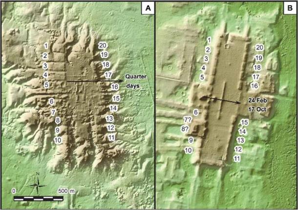 Imágenes basadas en Lidar de dos sitios con planes espaciales similares, cada uno con 20 plataformas de borde. (A) San Lorenzo. (B) Aguada Fénix. Los sitios se alinean con los objetos celestes utilizando el calendario maya de 260 días. (Takeshi Inomata / CC BY NC 4.0)