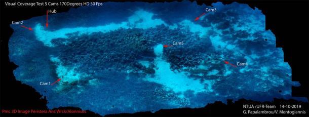 Ubicación de las 5 cámaras robot de IA bajo el agua frente a la costa de Alonnisos en el Mar Egeo (NOUS)