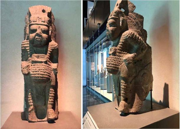 Fotos C y D de la figura de piedra de la columna 2 de Oxkintok, ahora en el Museo Antropológico de la Ciudad de México. (Proporcionado por el autor)