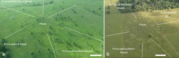 Ejemplos de aldeas de montículos circulares en el 'cosmos' de asentamientos amazónicos, destacando las carreteras principales y el área de la plaza. a. Sol de Camila. b. Sol de Iquiri. (Universidad de Exeter; Iriarte, J, et al.2020)