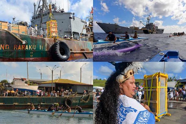 El moai de Chile llegando a Isla de Pascua en marzo de 2022 y (abajo a la derecha) Anakena Manutomatoma durante la ceremonia de bienvenida del moai. (Paula Rossetti)