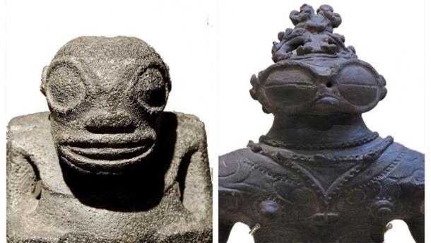 Una comparación lado a lado de dos esculturas, separadas por vastas extensiones de océano turbulento. A la derecha, el dogu "ojos con gafas" de Kamegaoka, período de Jomon tardío (1,000-400 aC) (CC BY SA 4.0) y a la izquierda, una escultura Tiki encontrada en las Islas Marquesas, Polinesia Francesa (Dominio Público).