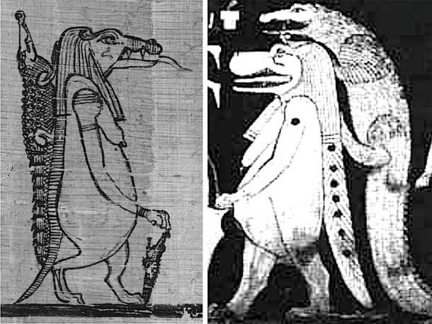 A la izquierda, Sobek como cocodrilo y Taweret como hipopótamo del Libro del Faiyum. A la derecha, la figura del cielo del cocodrilo y el hipopótamo como se ve en la tumba de Seti I, esta última representando las estrellas de Draco, Ursa Minor y quizás Ursa Major. Crédito: Andrew Collins.