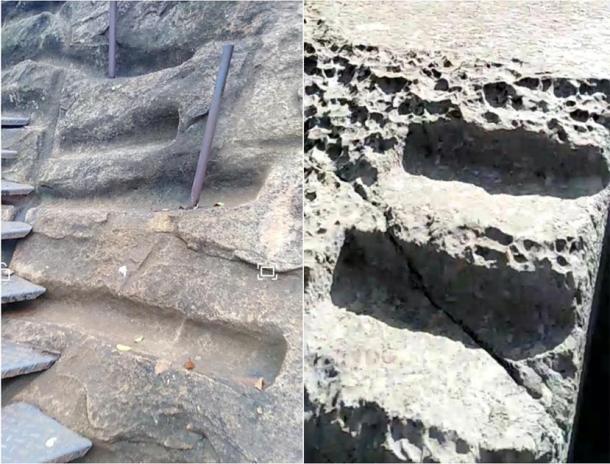 La imagen a la derecha fue tomada a mediados de 2019 en un sitio a las afueras de Cusco, llamado "Qenqo Chico". Este tipo de "surco" de piedra lisa se encuentra en todas las ruinas de América del Sur; la academia moderna no lo explica. La imagen a la izquierda fue tomada a principios de 2019, durante el tiempo que pasé en la cumbre de Sigiriya, Sri Lanka. Observe la similitud en las marcas de corte, ya que la cara de la roca casi parece haber sido extraída mediante "raspado" en golpes laterales precisos, algo extremadamente difícil de replicar con herramientas de metal. (Fotos cortesía del autor)